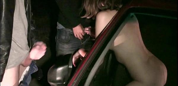  PUBLIC - pretty teen public gangbang sex through a car window